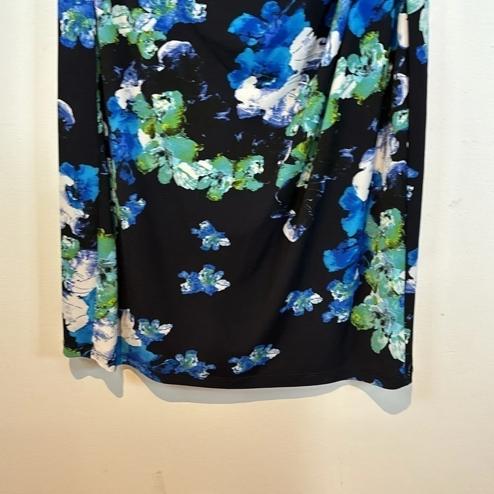 LAUREN Ralph Lauren Dress Ruched Cap Sleeves Lined Black Blue Floral Stretch Sz4 - Picture 6 of 14